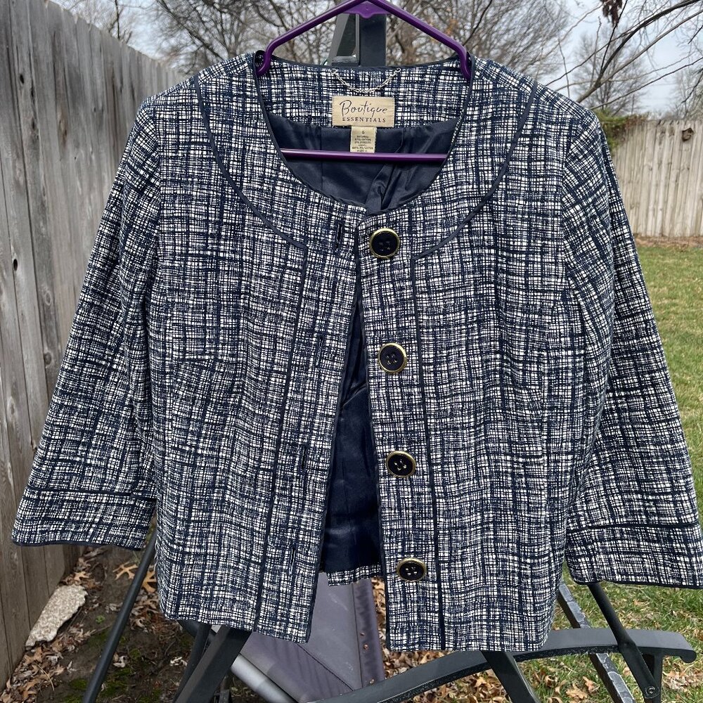 Boutique Bouclé Tweed Jacket Navy White Preppy Chanel Style Blazer Size 6